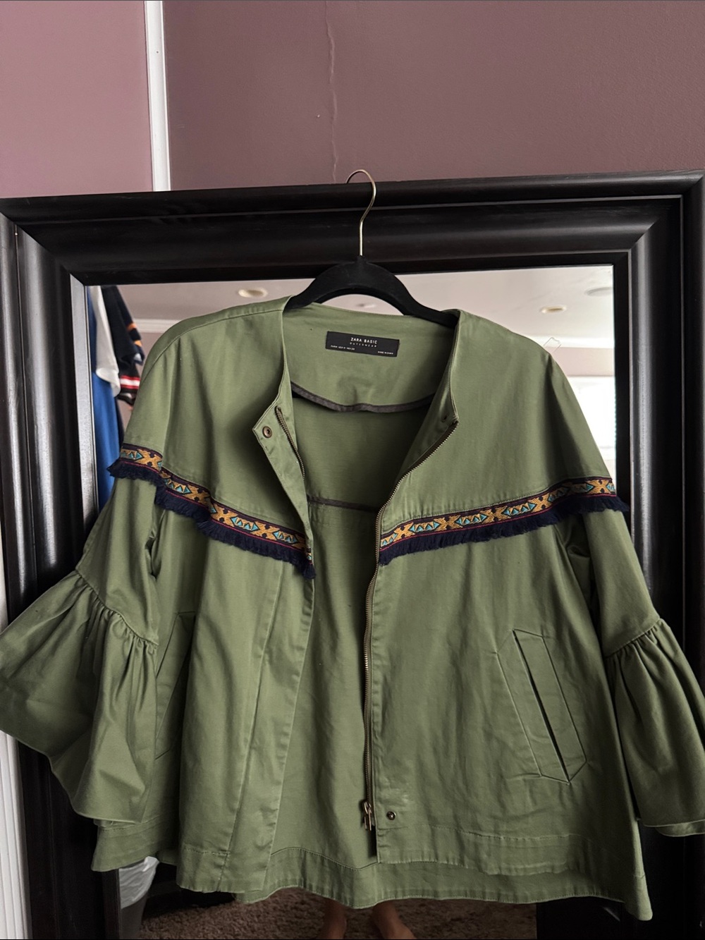 Zara Olive Green Utility Jacket with Embroidered Trim